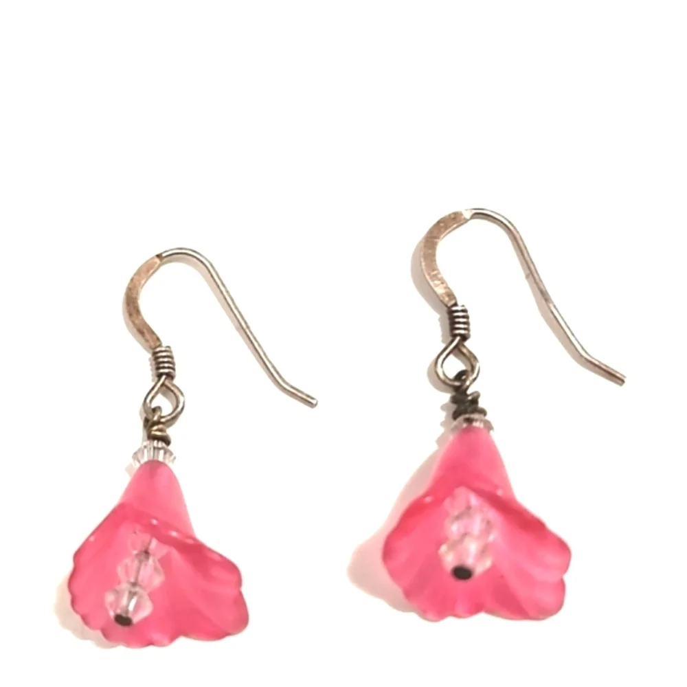 VINTAGE STERLING SILVER PINK FLORAL CRYSTAL DROP DANGLE 1